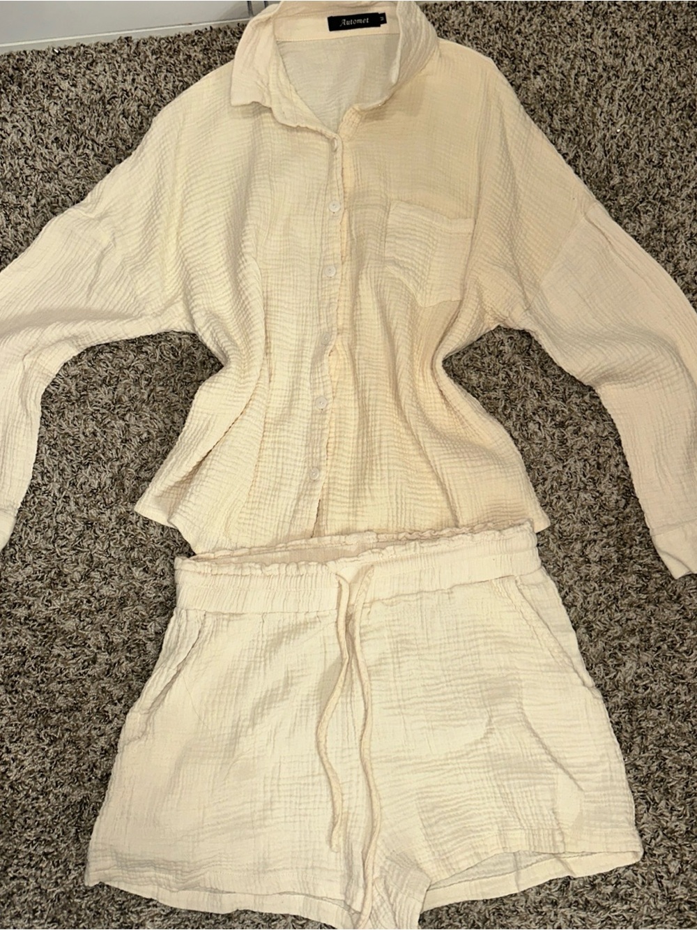 Cream Textured Button-Up Top and Shorts Set